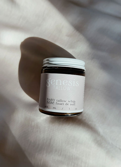Genesis Tallow's Baby Tallow Whip is the most gentle of all their tallow balms, for the fairest of all skin types. Pure Tallow, and a hint of chamomile to relax agitated skin, and sooth rashes of all kinds.