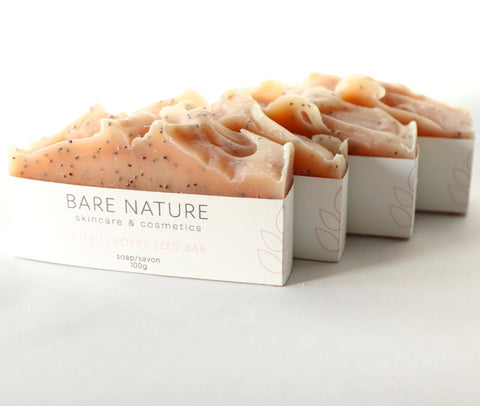 Bare Nature's Citrus Poppyseed Bar Soap is bright, uplifting and clean. This soap bar offers a rich and creamy lather that leaves the skin feeling nourished and clean.