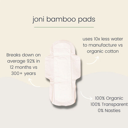 Joni organic bamboo pads biodegrade on average 92% within 12 months—compared to a conventional plastic pad that can take several decades. The everyday warriors of pads, these ultra-thin and comfortable liners will make you forget you’re wearing them.
