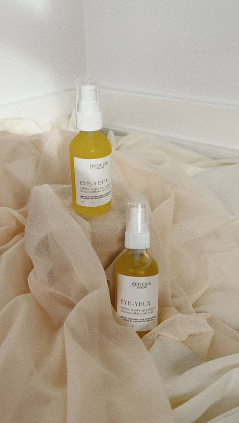 Genesis Tallow Eye Makeup Remover gently dissolves and lifts away makeup, promotes eyelash growth, and calms puffiness.