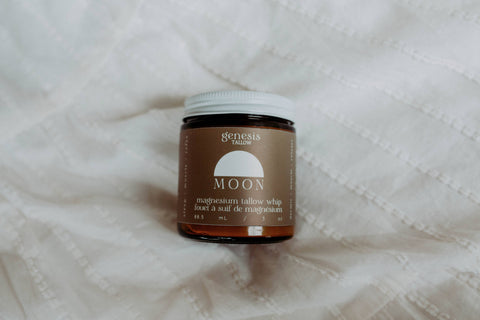 Genesis Tallow's Moon Magnesium Tallow Whip is a mineral rich formula made with magnesium, grass-fed/finished beef fat, jojoba oil and vanilla.
It hydrates skin the way human skin cells do, making it a moisturizing therapy that promotes dry skin healing, relaxation, calm muscles, healthy skin, better sleep and helps reduce inflammation.