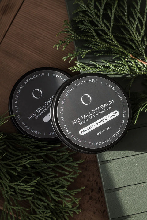 A concentrated, tallow face and body moisturizer, beard balm and aftershave for him. Tallow HIS Balm truly is the swiss army knife of skincare products. It nourishes, moisturizes, soothes, hydrates, aids in healing and can help balance oil production for acne prone skin all while being extremely gentle and 100% natural.