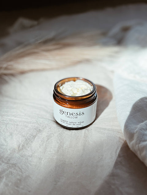 Genesis Tallow's Naked Tallow Body Whip is handcrafted for the naturalist with only the best quality grass fed/finished beef tallow and whipped into a spreadable mousse for easy application.