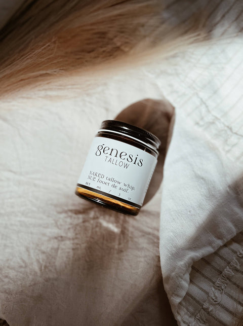 Genesis Tallow's Naked Tallow Body Whip is handcrafted for the naturalist with only the best quality grass fed/finished beef tallow and whipped into a spreadable mousse for easy application.