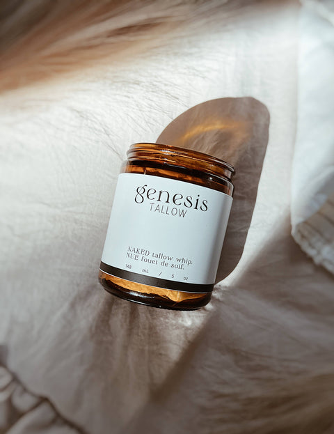Genesis Tallow's Naked Tallow Body Whip is handcrafted for the naturalist with only the best quality grass fed/finished beef tallow and whipped into a spreadable mousse for easy application.