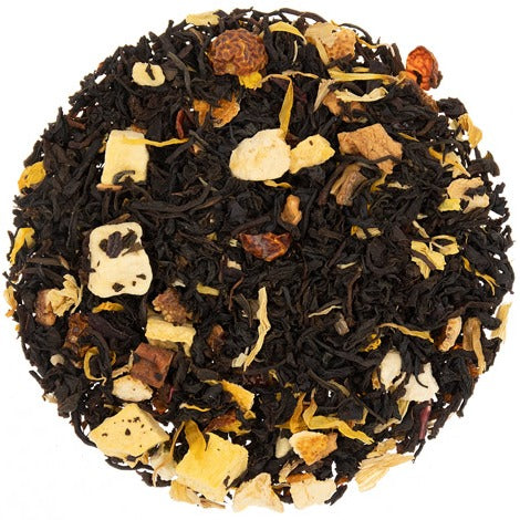 Our organic Pumpkin Spice Black Tea is warming, comforting and delightful. This cozy blend can be described as Autumn in a cup, offering a delicate balance of fruitiness, sweetness and spice. Notes of cinnamon, caramel, and hints of chocolate and orchard fruits create a rich, rounded brew that’s perfect for crisp mornings or fireside evenings.