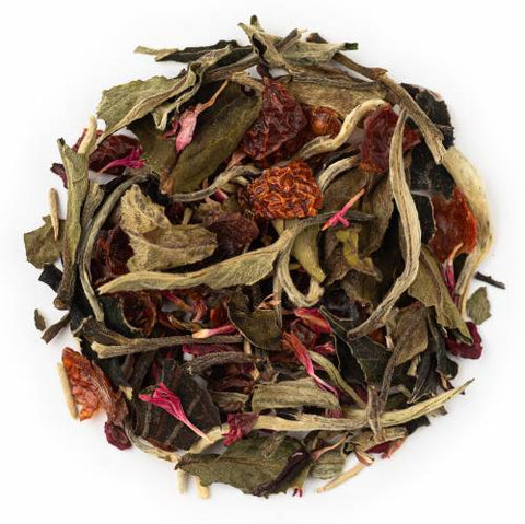 This delicious Raspberry White Tea is a perfect combination of sweet and savory. The fragrant white tea is blended with rosehips, rosemary leaves, and petals of early spring flowers, creating an aroma that captures the freshness of a spring garden.