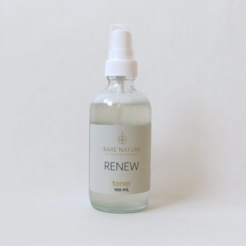 Bare Nature's Renew Face Toner restores moisture to the skin and helps to improve overall texture. The Renew Face Toner is formulated for normal to dry skin and helps to renew and restore.