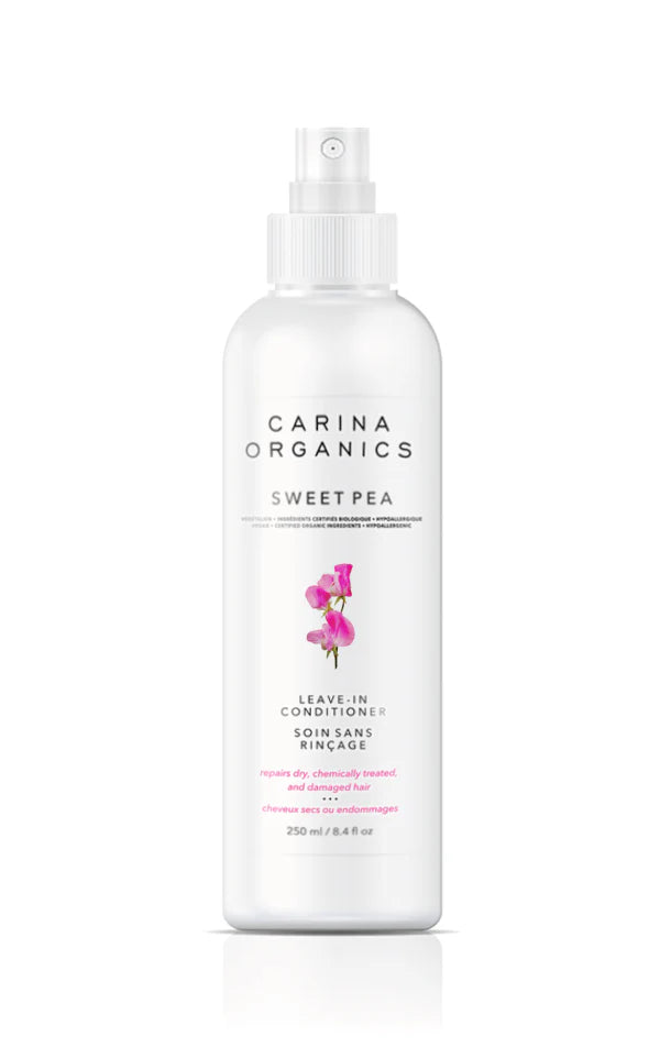 A leave-in conditioner (sweet pea) formulated with certified organic plant, vegetable, and fruit extracts.
This nutrient rich, toxin-free formulation helps to restore lustre, softness, flexibility, and shine while detangling hair instantly.