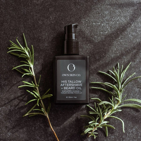 A luxe Tallow face, beard and aftershave oil for him. Created with clean ingredients to keep your skin hydrated, reduce post-shave irritation and redness and to keep your beard tame and soft.