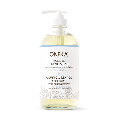 Oneka's refillable, all natural hand soap is consciously crafted with our organic plants carefully selected for their cleansing, nourishing, and PH balancing properties.