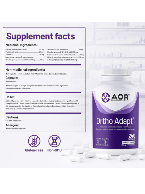 Ortho Adapt® is AOR’s premium antistress formula, containing adrenal gland extract, adaptogenic botanicals ashwagandha, Rhodiola, licorice and Siberian ginseng, and vitamins C and B5.