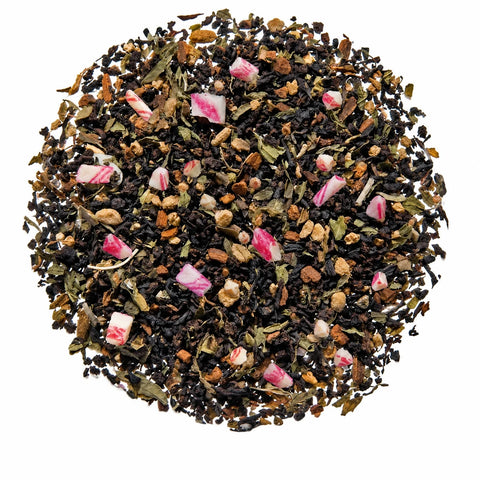 Our Candy Cane Chai Black Tea is a classic chai blend with the familiar warmth of cinnamon and spices, finished with a crisp burst of peppermint for a candy cane-inspired twist.