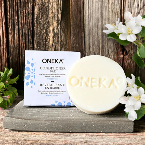 Oneka Conditioner Bars are consciously formulated and crafted with natural ingredients to moisturize and deeply nourish the hair. Featuring artisanal organic apple cider vinegar made on our family farm, to naturally condition the hair and soothe the scalp. This conditioner bar is packed full of botanical ingredients and ultra-gentle, plant-derived conditioning agents to leave you with healthy and nourished hair!