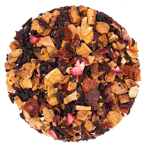 Our Cranberry Apple Herbal Tea is a vibrant fruit tea that's rich, tangy, and full of natural sweetness. Apple, hibiscus, rosehip, elderberry, and cranberry come together to create a bold, fruity cup that’s as warming as it is refreshing. Enjoy it on its own, or add a cinnamon stick and a few cloves for a festive mulled spice twist.