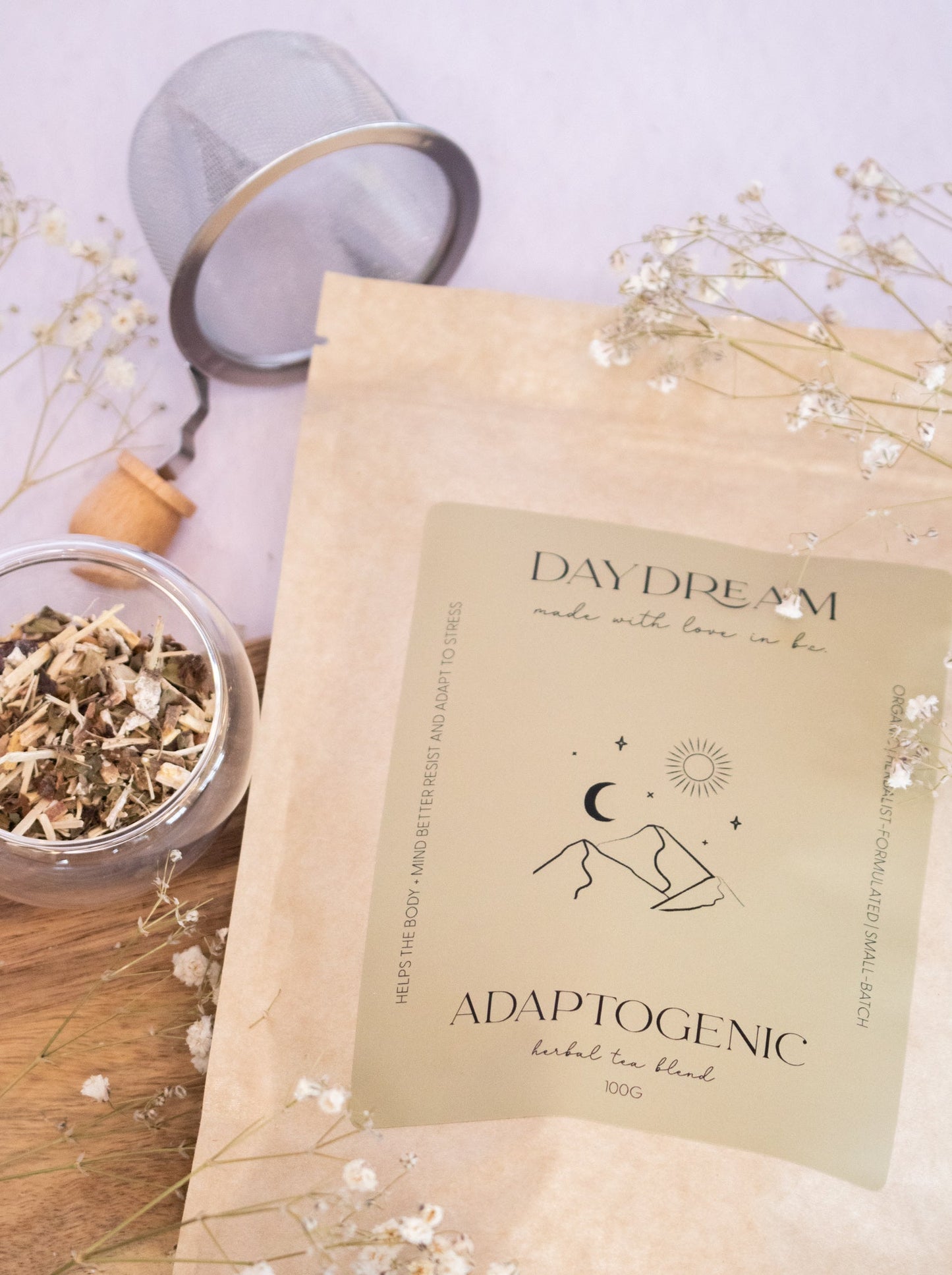 Our organic adaptogenic herbal tea blend is made from a variety of powerful adaptogenic herbs such as Ginseng Root and Ashwagandha for adrenal support and a healthy stress res