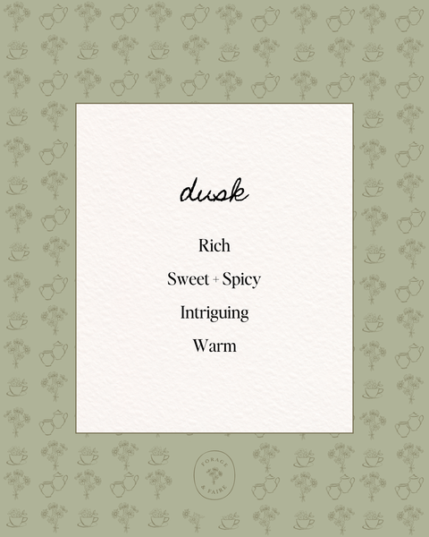 Our Dusk Perfume is rich, comforting and full of depth. Dusk is inspired by the quiet beauty of the evening. Smooth, softly spicy, layered with a gentle sweetness and resinous warmth - Dusk is subtly intriguing, complex and lingers like the last little bit of light at the end of the day.