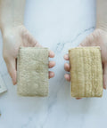 Our eco sponges are another great swap for your kitchen. These sponges feel and function like traditional sponges but are completely plant-based, plastic-free and compostable. The white part is spongy and absorbent, made of wood pulp while the yellow-brown part is scrubby and helps soap become sudsy, made of natural loofah.