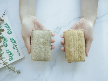 Our eco sponges are another great swap for your kitchen. These sponges feel and function like traditional sponges but are completely plant-based, plastic-free and compostable. The white part is spongy and absorbent, made of wood pulp while the yellow-brown part is scrubby and helps soap become sudsy, made of natural loofah.