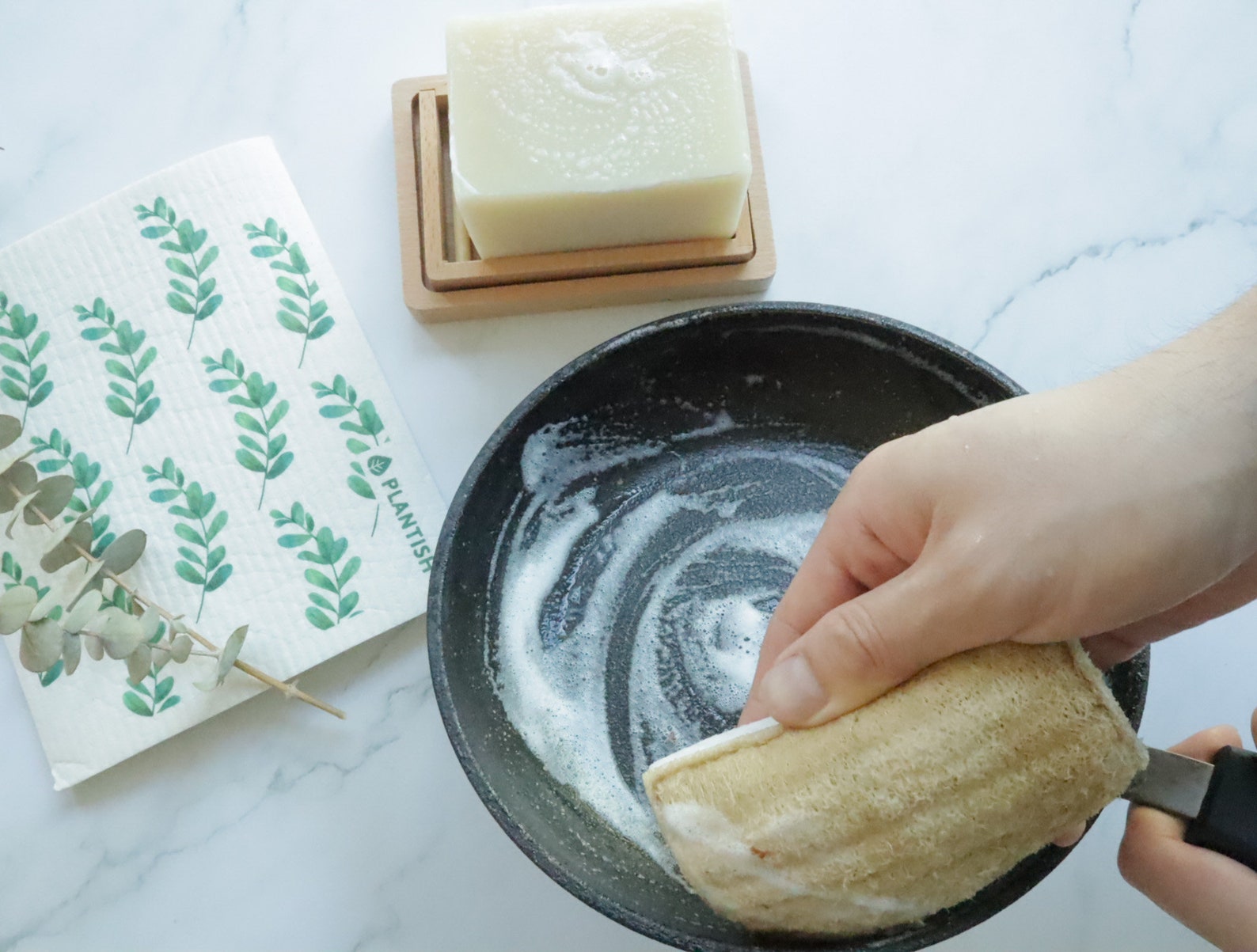 Our eco sponges are another great swap for your kitchen. These sponges feel and function like traditional sponges but are completely plant-based, plastic-free and compostable. The white part is spongy and absorbent, made of wood pulp while the yellow-brown part is scrubby and helps soap become sudsy, made of natural loofah.