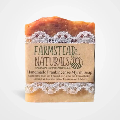 This Frankincense &amp; Myrrh Soap Bar is aromatic and earthy, offering a soothing and meditative experience. This soap hydrates and refreshes while calming your senses, ideal for those seeking a physical and spiritual cleansing.