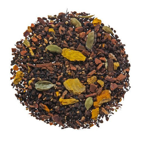 Our Golden Chai Black Tea is a twist on the classic Masala Chai. This tea blends bold organic black tea with warming spices and the golden glow of turmeric root. Enjoy it traditionally steeped, or prepare it as a golden chai latte for a soothing, nourishing cup. Both invigorating and grounding, this blend brings warmth and a glow with every sip.