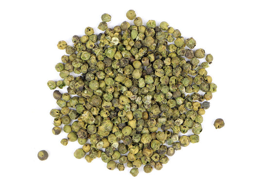 Green Peppercorns (Piper nigrum)originate in southwestern India. Green peppercorns have a unique piquant and fresh flavor compared to black peppercorns.