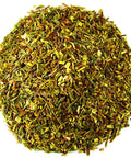 Green Rooibos (Aspalathus linearis) is quite different compared to red rooibos tea. It is not oxidized, contains a slightly herbal aftertaste, and brews light in color which makes it a perfect for those that find red rooibos too sweet. Green rooibos is a hearty tea and once brewed it produces a soft golden color with an amber hue, and warm scent.