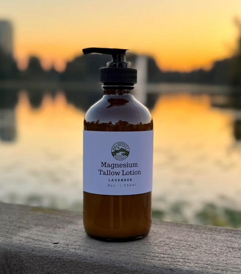Our Lavender Magnesium Tallow Lotion combines the time-tested nourishment of grass-fed tallow with the soothing power of magnesium and calming lavender essential oil.