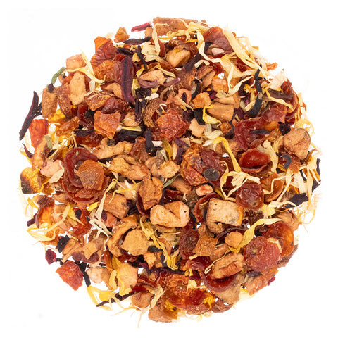 Our organic Maple Herbal Tisane is vibrant, caffeine-free Herbal Tea blend. Bold maple syrup flavour is blended with lush apple, hibiscus, rosehip, and orange creating a balance of sweet and tart. 