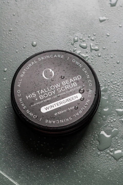 A tallow scrub for the beard, face and body that eliminates flakes, exfoliates the skin and prevents ingrown hairs for a smooth, hydrated beard. No more dryness - only healthy, smooth and hydrated skin and beard. Scented with pure wintergreen, a classic, ultra fresh scent!