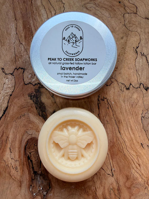 Peak to Creek's Tallow Lotion Bars are a concentrated, solid moisturizer crafted with nutrient-dense, grass-fed tallow, creamy shea butter, nourishing coconut oil, and protective beeswax. Each bar is lightly scented with pure therapeutic essential oils, never fragrance oils, allowing the scent to remain soft, grounding, and close to the skin.