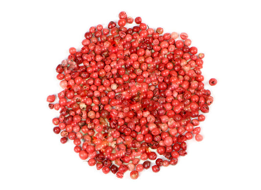 Pink Peppercorns (Schinus terebinthifolius) come from a different species of plant than black, white and green peppercorns. Originating in the tropical regions of South America, Pink Peppercorns are extremely tart with a somewhat fruity, slightly sweet flavour. Pink Peppercorns have a long history of use in culinary preparations as well as for their health supporting properties.