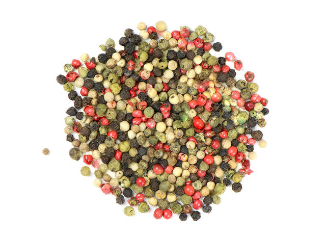 Rainbow Peppercorn is a blend of organic Black, Green, White and Pink Peppers. This Rainbow Pepper blend provides a colourful and flavourful culinary blend that will add both flavour and heat to any dish.