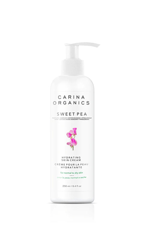 This hydrating skin cream (sweet pea) is formulated with natural and certified organic plant, vegetable, flower and tree extracts.