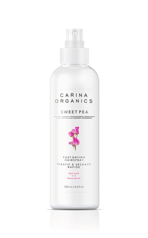 This Fast Drying Hairspray (Sweet Pea) is firm holding and formulated with certified organic plant, vegetable, flower and tree extracts.&nbsp;

Locks hair into place, while adding extra shine, without build-up or flaking. This formulation allows you to brush out and restyle your hair at any time.