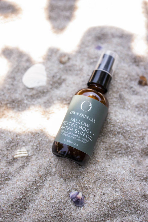 A soothing herbal-infused tallow oil for sunburned skin, minor rashes, skin irritations, bug bites and eczema.