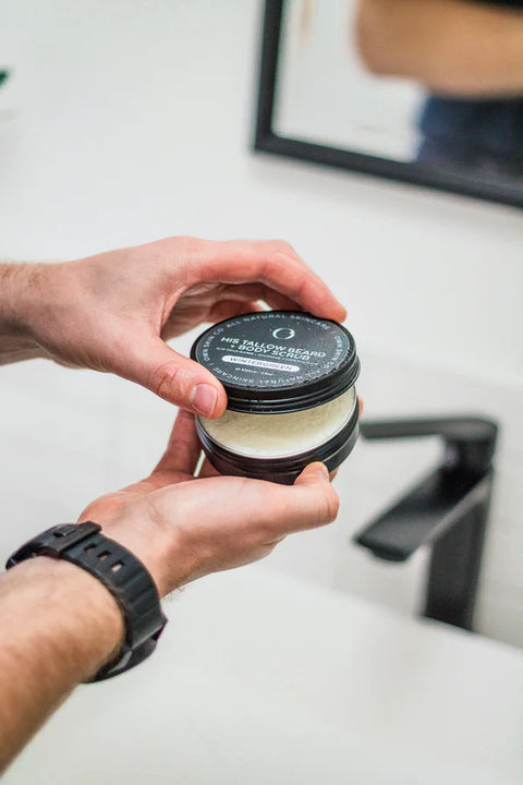 A tallow scrub for the beard, face and body that eliminates flakes, exfoliates the skin and prevents ingrown hairs for a smooth, hydrated beard. No more dryness - only healthy, smooth and hydrated skin and beard. Scented with pure wintergreen, a classic, ultra fresh scent!
