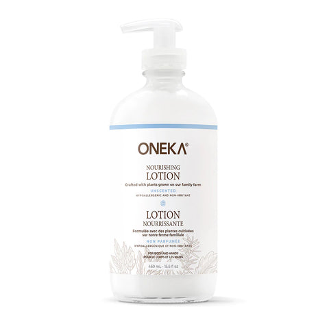 Oneka's refillable, all natural body lotion is a deeply hydrating synergy of plants, nourishing oils and shea butter. Perfect for all skin types, this lotion is non-greasy and quickly absorbed.