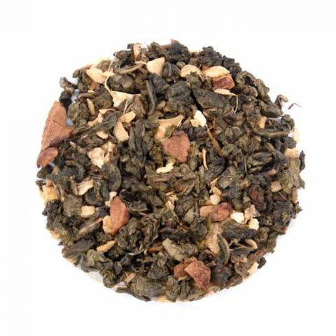 Our Apple Cider Oolong Tea pairs premium organic Iron Goddess green oolong with sweet apple pieces and a hint of spicy ginger for a refreshing, cozy cup of tea. The crisp apple notes blend seamlessly with the toasty depth of oolong, creating a flavor reminiscent of homemade apple cider. Delicious on its own or with a drizzle of honey, this tea is perfect by the fire, on a cool fall afternoon.
