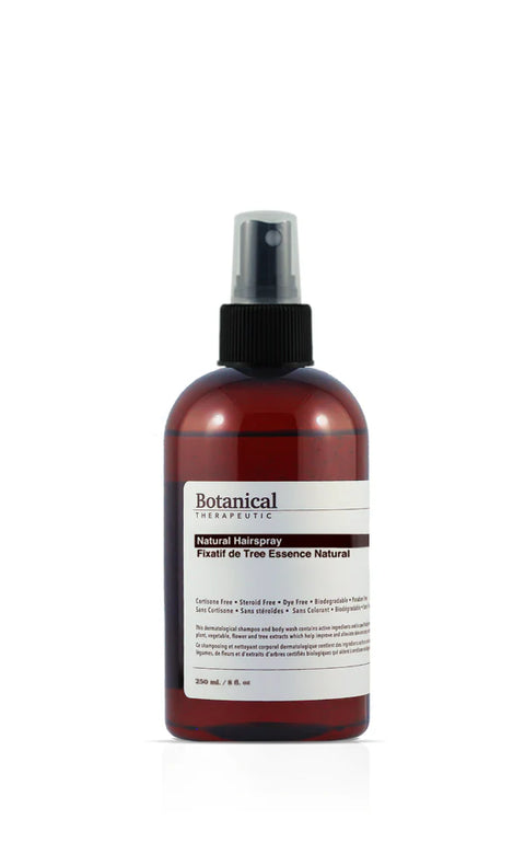 This unscented, fast drying Botanic Therapeutic Natural Hairspray is firm holding and formulated with natural and certified organic plant, vegetable, flower, and tree extracts.