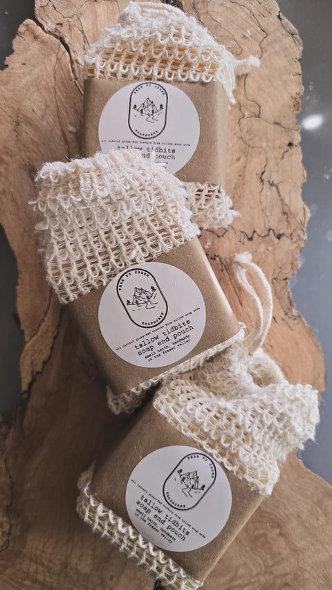 Don’t let those perfect little soap ends go to waste! Each Sisal Soap Bag is filled with assorted pieces of Peak to Creek's handcrafted grass-fed tallow soaps. The textured sisal fiber naturally exfoliates, boosts circulation, and helps your soap lather beautifully. Hang to dry between uses to extend the life of your bars. Sustainably simple + skin-nourishing.