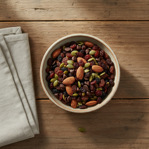 Our organic Trek mix combines almonds, pumpkin seeds, raisins, cranberries, and decadent dark chocolate chips. Nutritious and flavorful at once, it is the perfect snack to enjoy on the go. It is also an excellent ingredient to add to bread, cookies, and many other baking recipes.